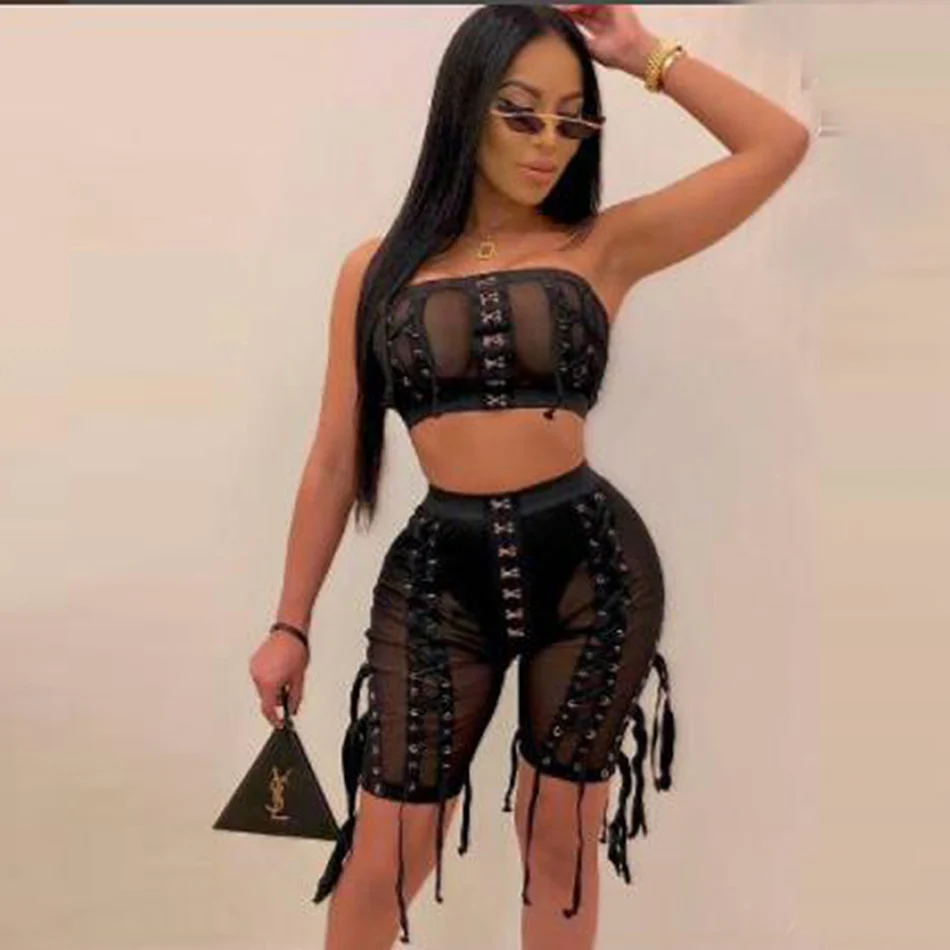 Sexy mesh perspective Women's Two Piece Set Top and shorts 2 Piece Set Club Celebrity Party Pants Suit 2022 Summer New Fashion - Image 2