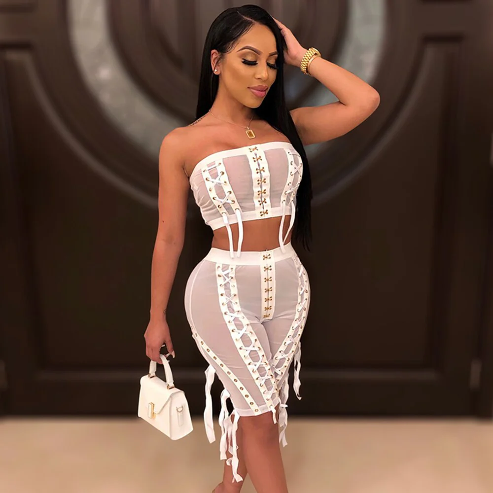 Sexy mesh perspective Women's Two Piece Set Top and shorts 2 Piece Set Club Celebrity Party Pants Suit 2022 Summer New Fashion - Image 3