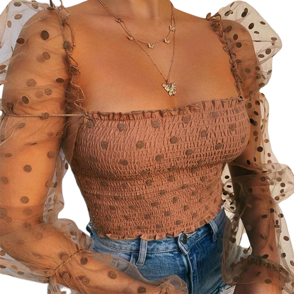 Sexy Mesh See-through Women Blouse Square Neck Polka Dot Puff Tube Top Sheer Long Sleeve Elastic Shirt Clubwear Party Streetwear - Image 4