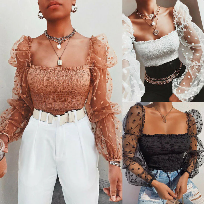Sexy Mesh See-through Women Blouse Square Neck Polka Dot Puff Tube Top Sheer Long Sleeve Elastic Shirt Clubwear Party Streetwear - Image 7