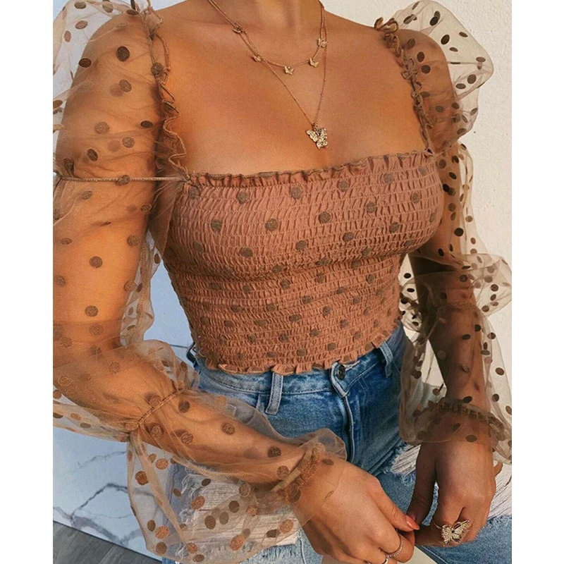 Sexy Mesh See-through Women Blouse Square Neck Polka Dot Puff Tube Top Sheer Long Sleeve Elastic Shirt Clubwear Party Streetwear - Image 9