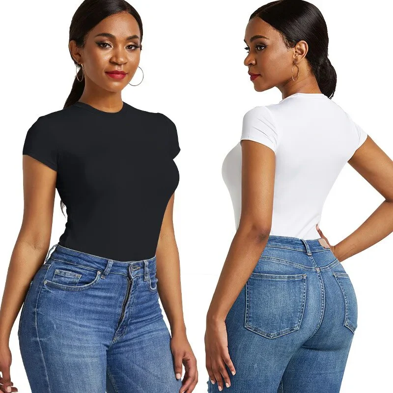 Sexy One Piece Bodycon Bodysuit Short Sleeve O Neck Open Basic White Black Red Overalls Women Body Top Skinny Rompers Female - Image 2