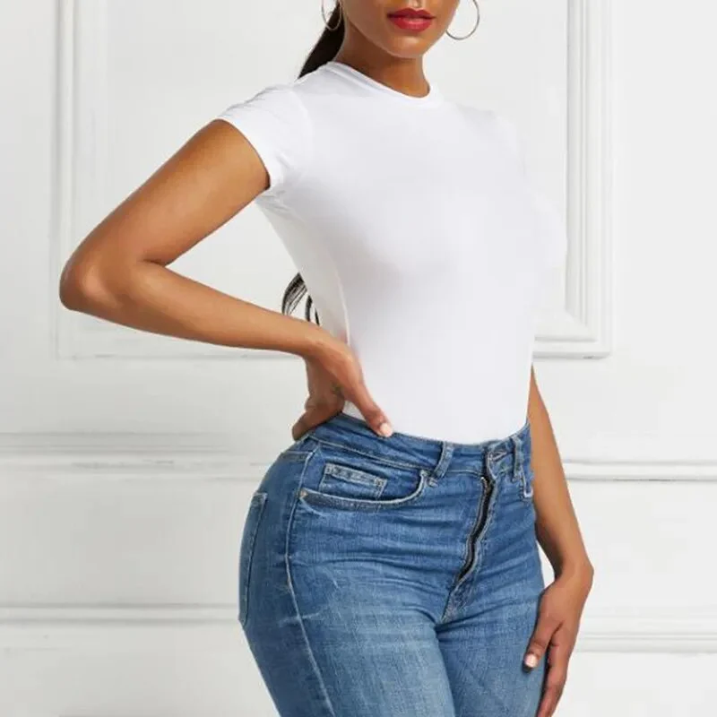 Sexy One Piece Bodycon Bodysuit Short Sleeve O Neck Open Basic White Black Red Overalls Women Body Top Skinny Rompers Female - Image 5