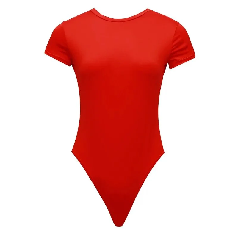Sexy One Piece Bodycon Bodysuit Short Sleeve O Neck Open Basic White Black Red Overalls Women Body Top Skinny Rompers Female - Image 6