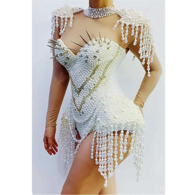 Sexy Pearls Rhinestone Bodysuit Tranparent Leotard Jazz Dance Costume Party Tassels Nightclub outfit Singer Dancewear - Image 3