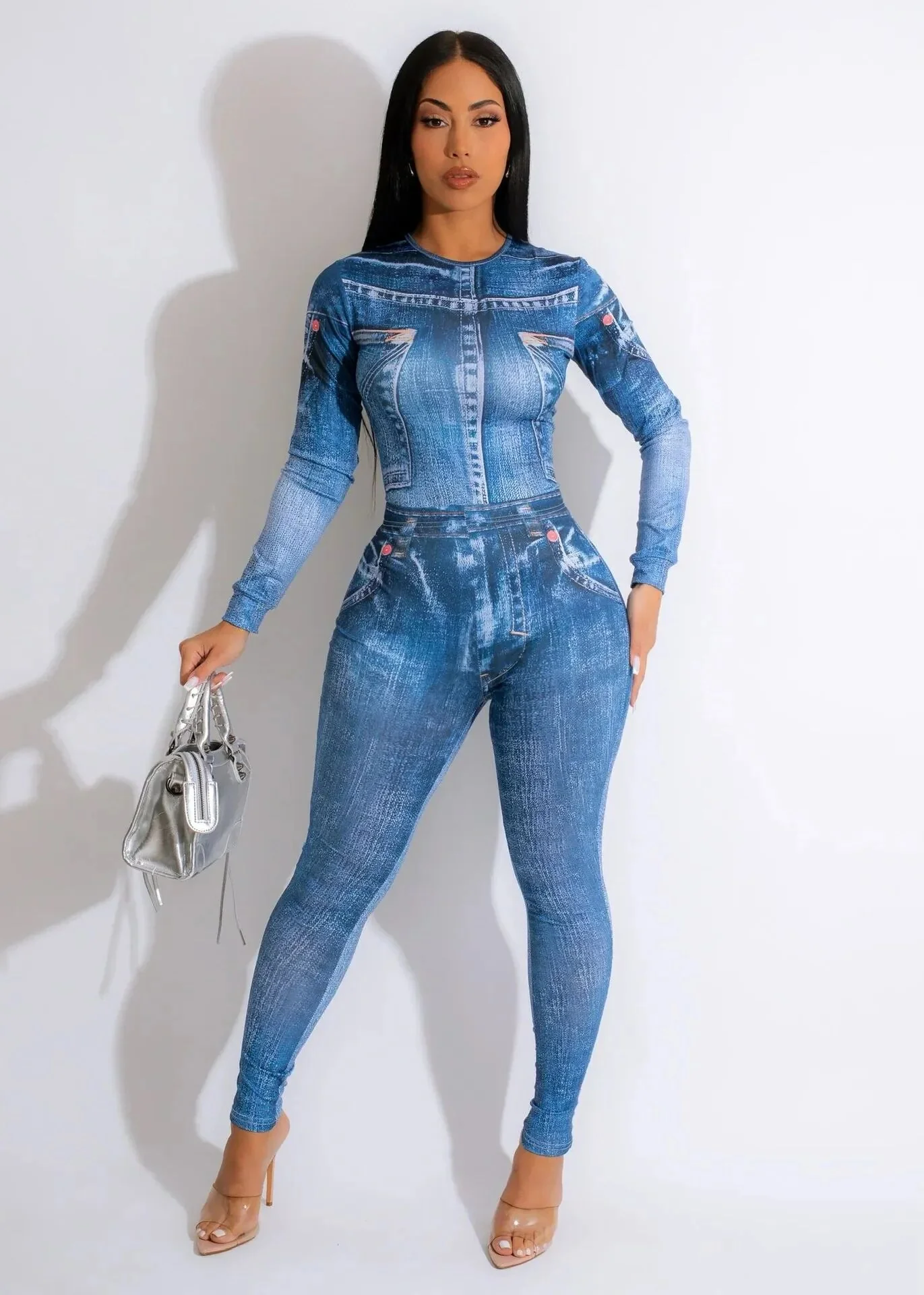 Sexy Printed Slim Jumpsuits Women Overalls Long Sleeve One Piece Tight Pants New 2023 Female Rompers Playsuit Round Neck - Image 6