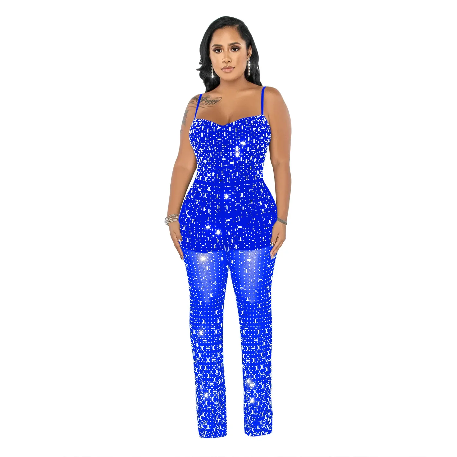 Sexy Rhinestone Mesh Jumpsuit Sleeveless See Through One Piece Outfits For Women Night Club Wear Rompers Party Bodycon Jumpsuits - Image 7