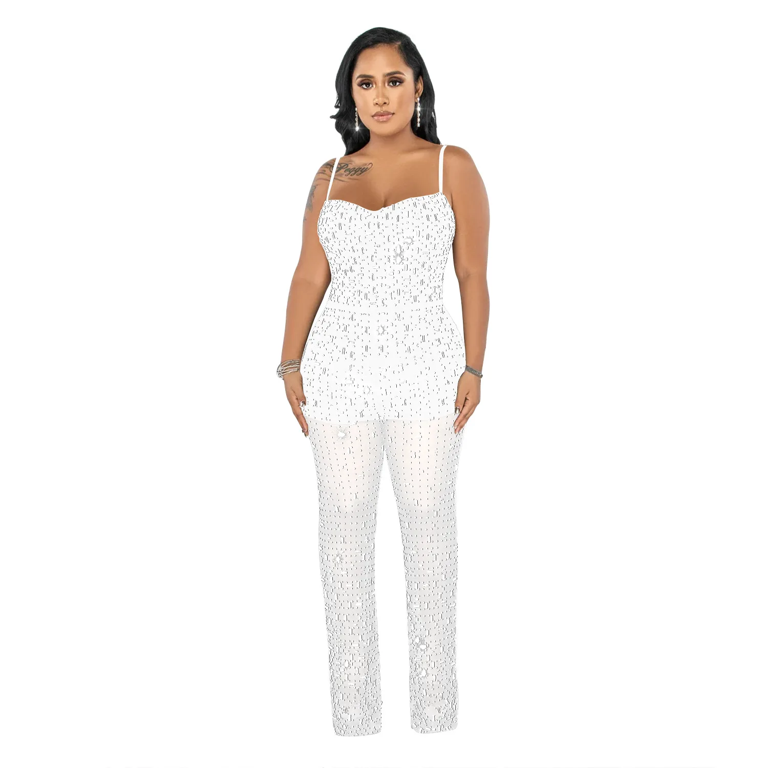 Sexy Rhinestone Mesh Jumpsuit Sleeveless See Through One Piece Outfits For Women Night Club Wear Rompers Party Bodycon Jumpsuits - Image 9