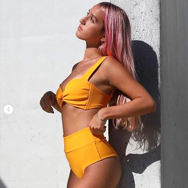 Sexy Ribbed High Waist Bikini 2022 Front Tie Push Up 2 Piece Swimsuit Summer Solid Red Bathing Suit Swimwear Beach Outfits - Image 10