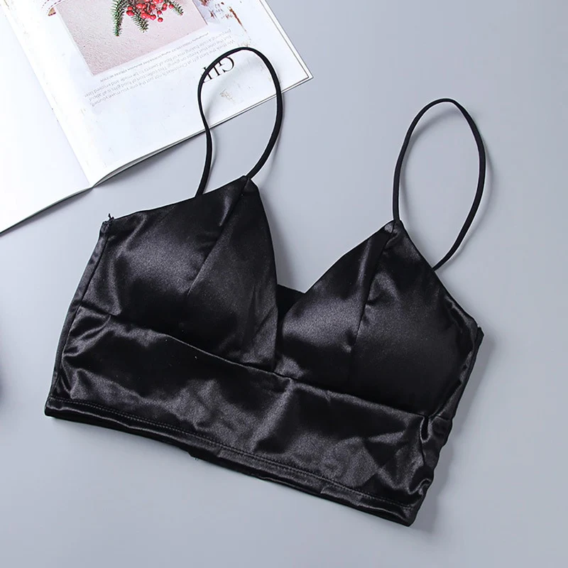 Sexy Satin Crop Tops Women Wireless Bralette Crochet Top Female Spaghetti Strap T-shirt Cropped With Chest Padded Camisole - Image 2
