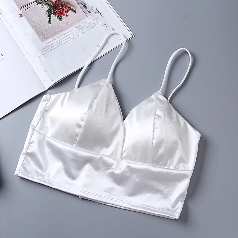 Sexy Satin Crop Tops Women Wireless Bralette Crochet Top Female Spaghetti Strap T-shirt Cropped With Chest Padded Camisole - Image 3
