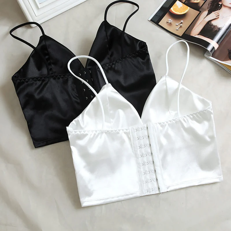 Sexy Satin Crop Tops Women Wireless Bralette Crochet Top Female Spaghetti Strap T-shirt Cropped With Chest Padded Camisole - Image 4