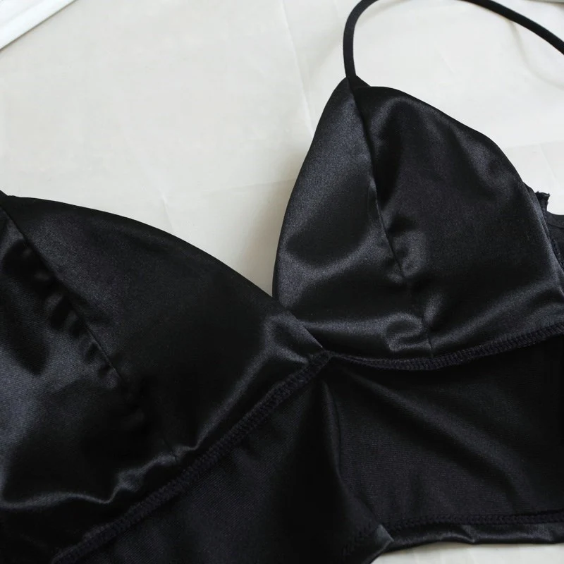 Sexy Satin Crop Tops Women Wireless Bralette Crochet Top Female Spaghetti Strap T-shirt Cropped With Chest Padded Camisole - Image 7