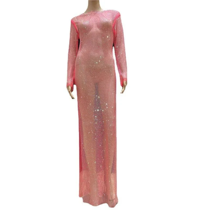 Sexy See Through Rhinestone Club Split Dress Women Crystal Glitter Evening Party Dresses Long Fishnet  Beach Slash Neck Dress - Image 11