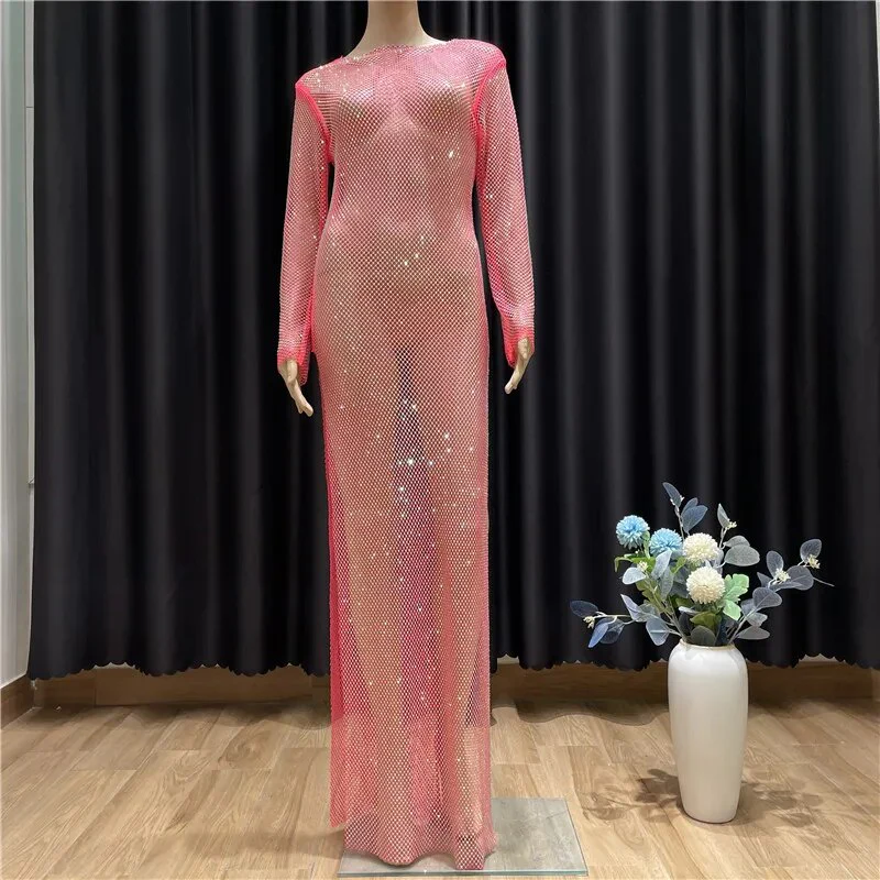 Sexy See Through Rhinestone Club Split Dress Women Crystal Glitter Evening Party Dresses Long Fishnet  Beach Slash Neck Dress - Image 5