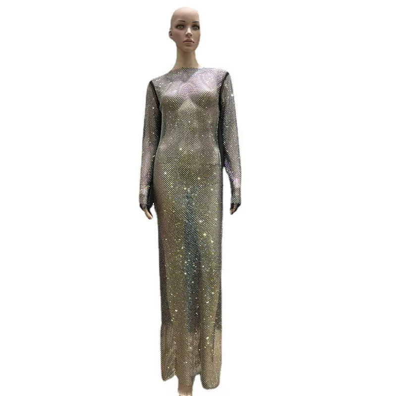 Sexy See Through Rhinestone Club Split Dress Women Crystal Glitter Evening Party Dresses Long Fishnet  Beach Slash Neck Dress - Image 7