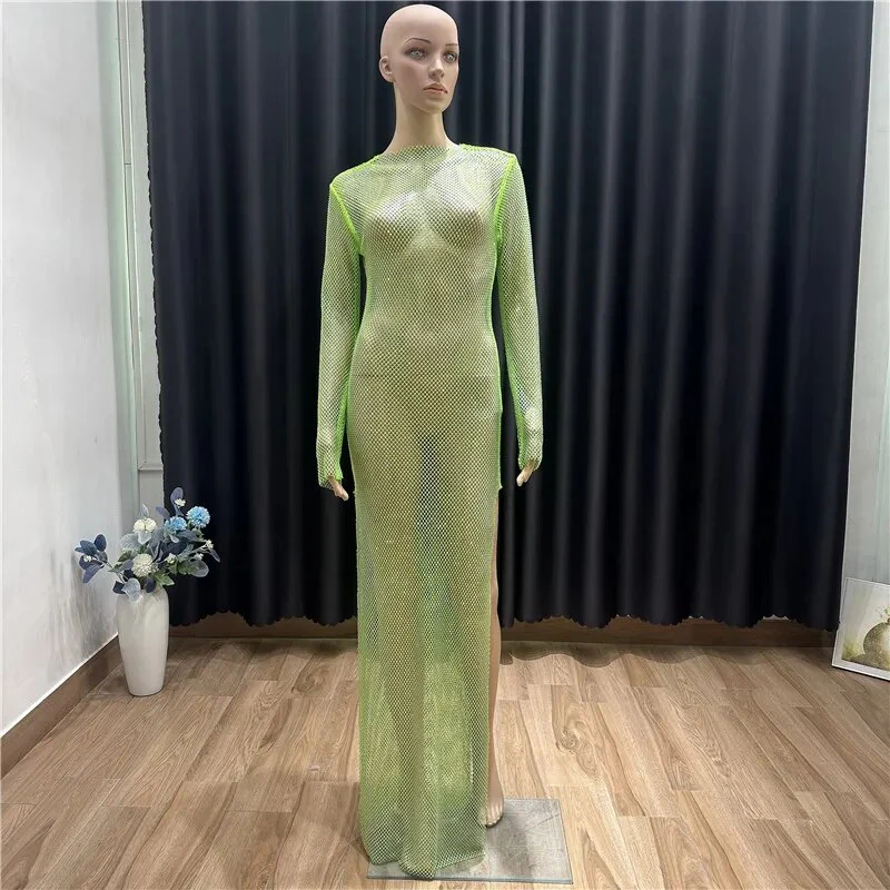 Sexy See Through Rhinestone Club Split Dress Women Crystal Glitter Evening Party Dresses Long Fishnet  Beach Slash Neck Dress - Image 8