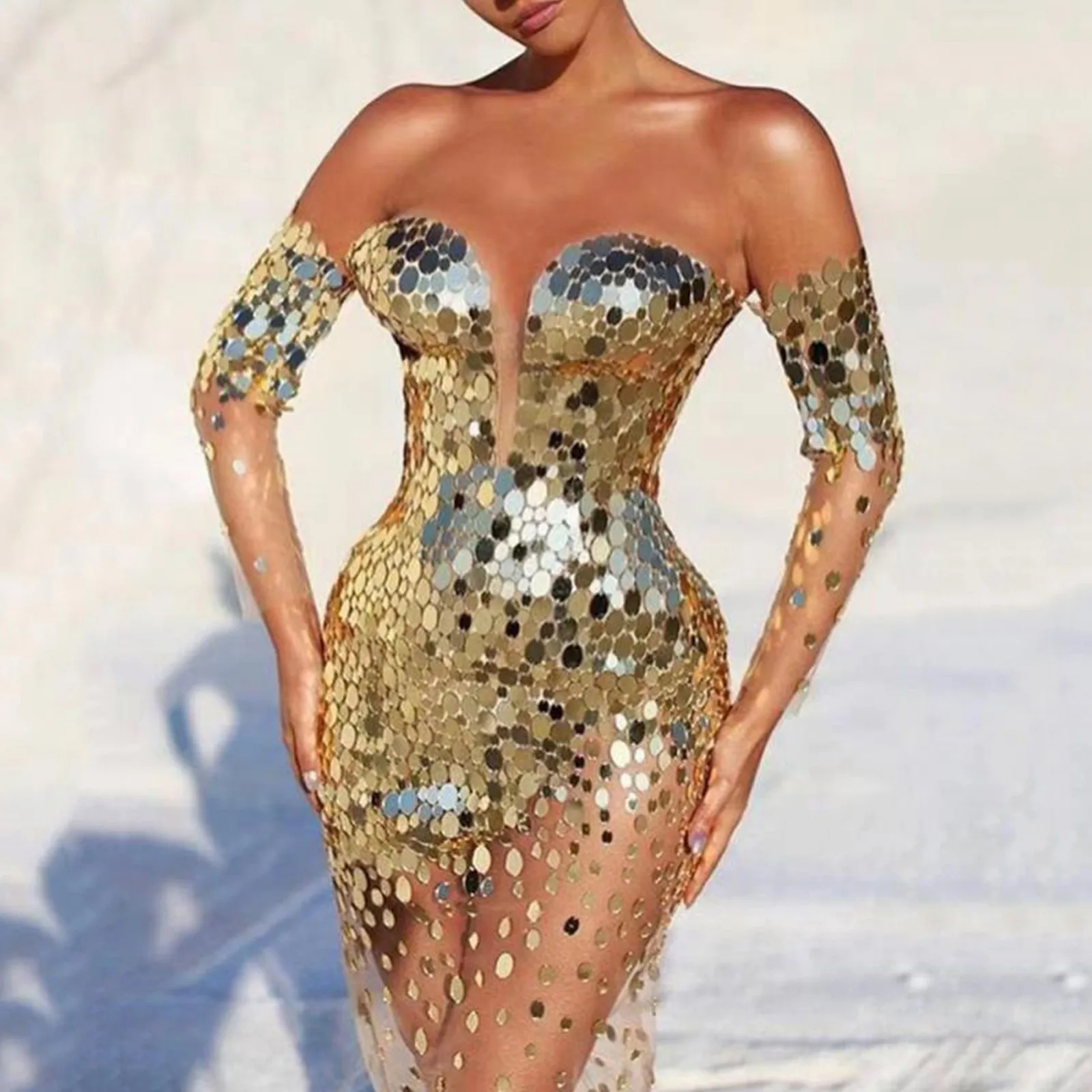 Sexy Sequins Mesh See Through Dress Women Off Shoulder Tassel Gold Long Evening Dresses Female Night Club Prom Vestidos Femme - Image 2