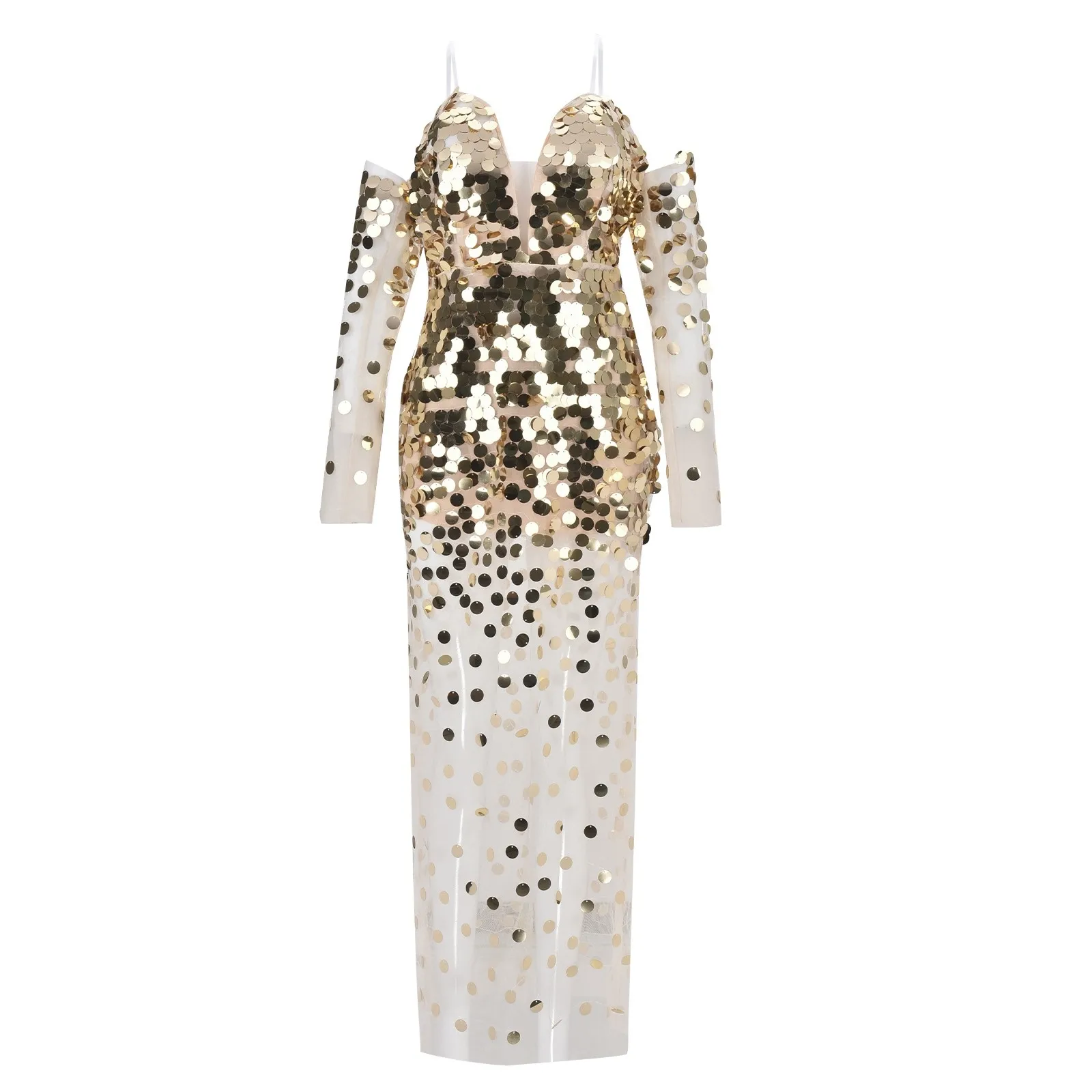 Sexy Sequins Mesh See Through Dress Women Off Shoulder Tassel Gold Long Evening Dresses Female Night Club Prom Vestidos Femme - Image 4