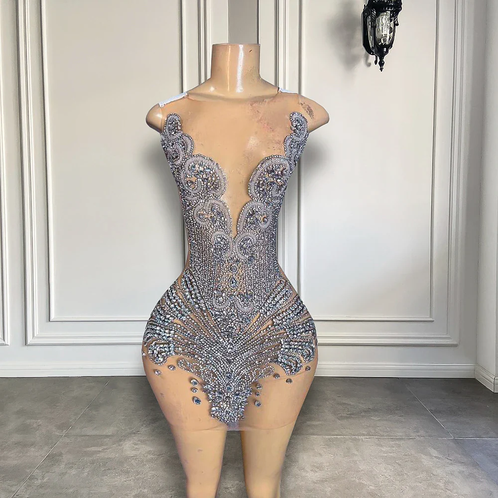 Sexy Sheer See Through Black Girl Short Prom Dress Golden Diamond Luxury Beaded Crystals Women Cocktail Party Gowns For Birthday - Image 11