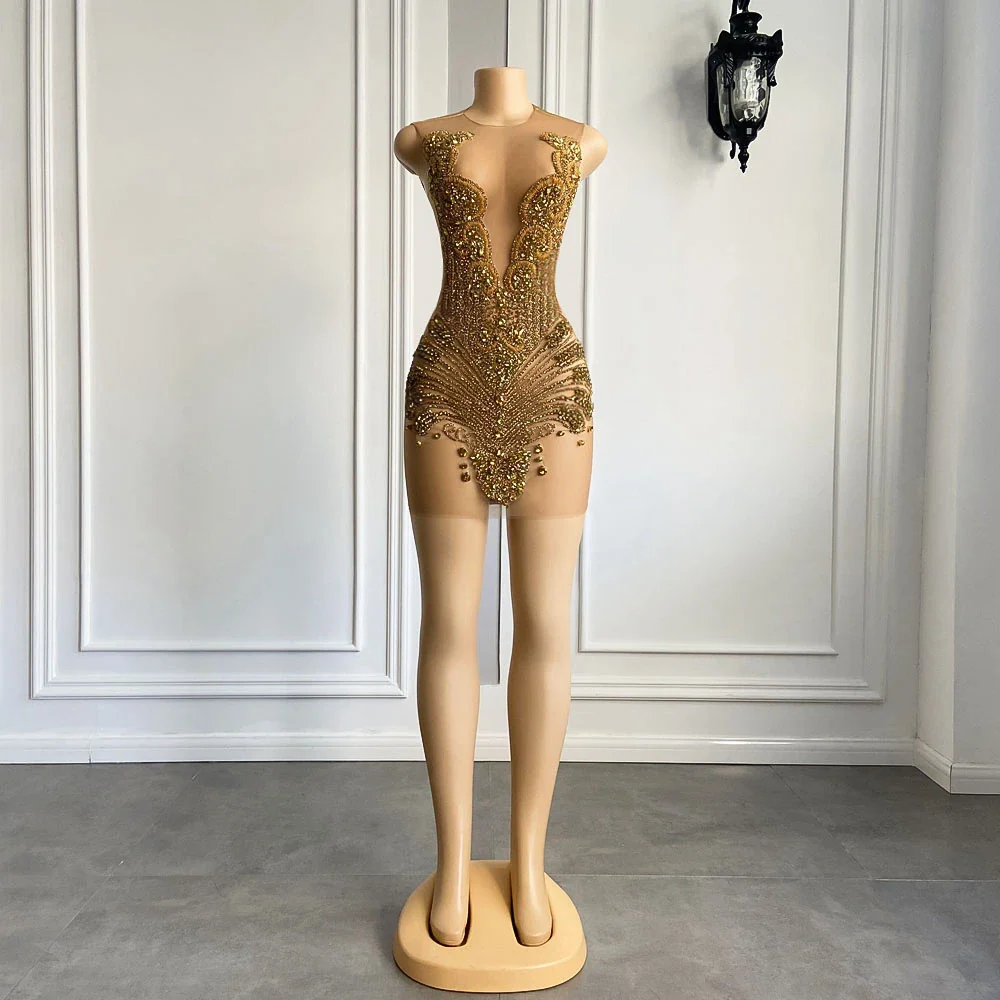 Sexy Sheer See Through Black Girl Short Prom Dress Golden Diamond Luxury Beaded Crystals Women Cocktail Party Gowns For Birthday - Image 2