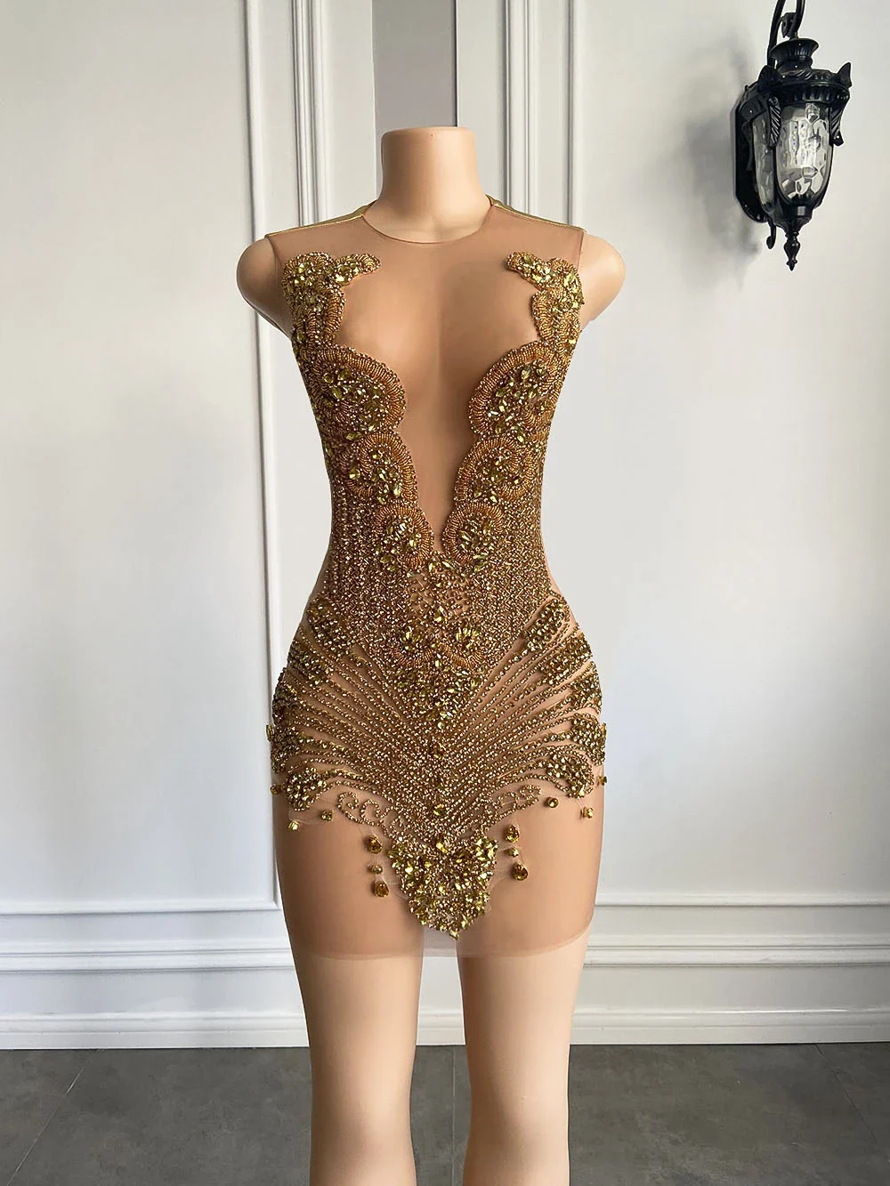 Sexy Sheer See Through Black Girl Short Prom Dress Golden Diamond Luxury Beaded Crystals Women Cocktail Party Gowns For Birthday - Image 3