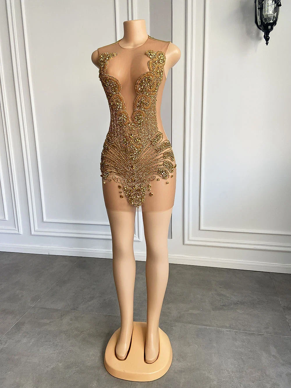 Sexy Sheer See Through Black Girl Short Prom Dress Golden Diamond Luxury Beaded Crystals Women Cocktail Party Gowns For Birthday - Image 4