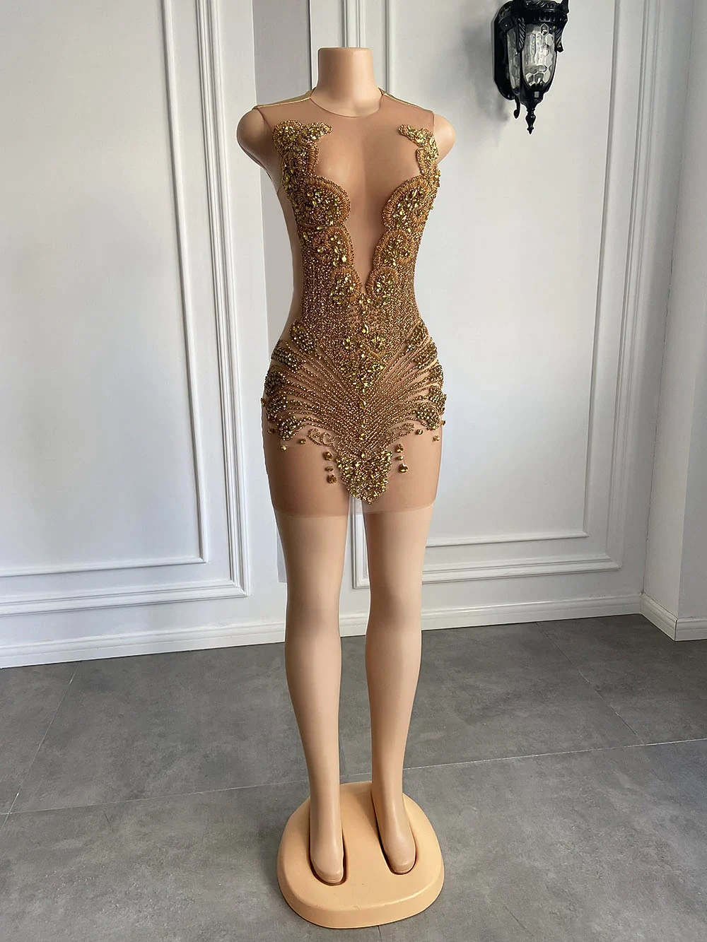 Sexy Sheer See Through Black Girl Short Prom Dress Golden Diamond Luxury Beaded Crystals Women Cocktail Party Gowns For Birthday - Image 5