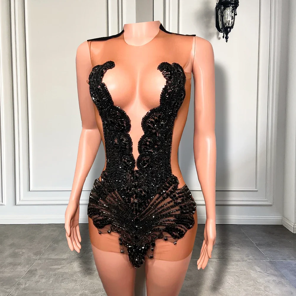Sexy Sheer See Through Black Girl Short Prom Dress Golden Diamond Luxury Beaded Crystals Women Cocktail Party Gowns For Birthday - Image 6