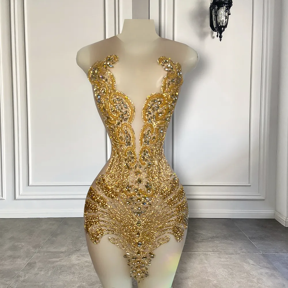 Sexy Sheer See Through Black Girl Short Prom Dress Golden Diamond Luxury Beaded Crystals Women Cocktail Party Gowns For Birthday - Image 7
