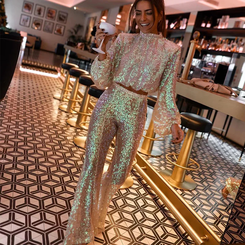 Sexy Shiny Sequins 2 Piece Set Women Outfits Lantern Sleeve Crop Top And Flare Pant Suits Rave Festival Club Party Clothing - Image 3