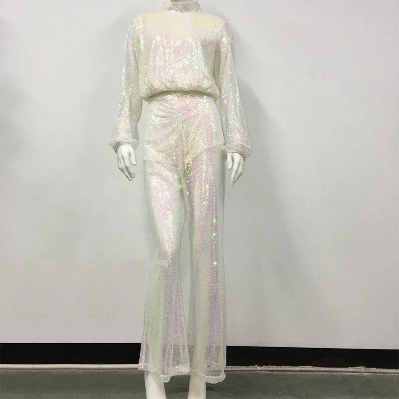 Sexy Shiny Sequins 2 Piece Set Women Outfits Lantern Sleeve Crop Top And Flare Pant Suits Rave Festival Club Party Clothing - Image 4