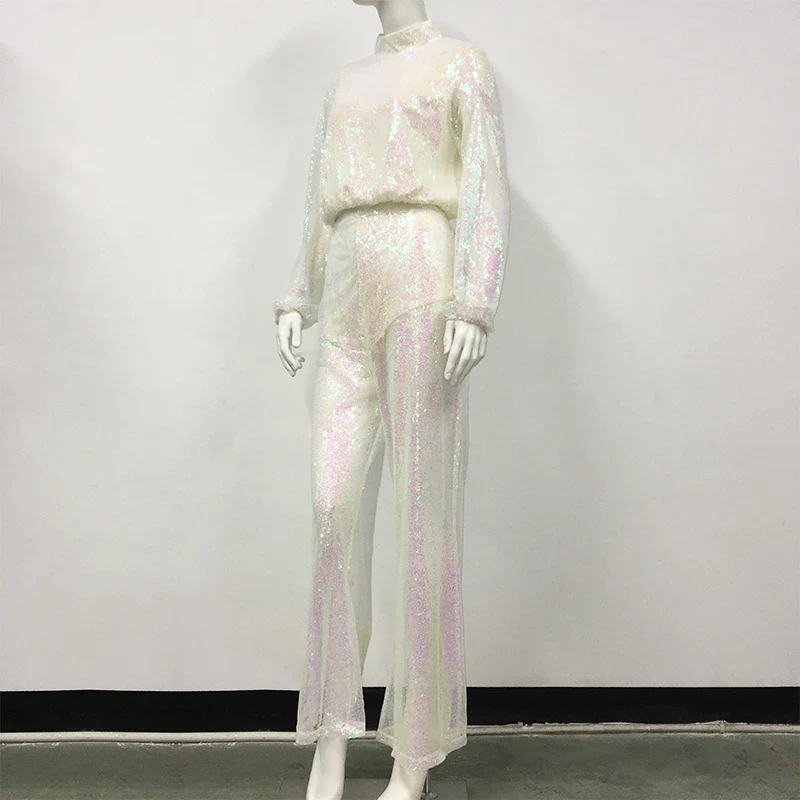 Sexy Shiny Sequins 2 Piece Set Women Outfits Lantern Sleeve Crop Top And Flare Pant Suits Rave Festival Club Party Clothing - Image 5