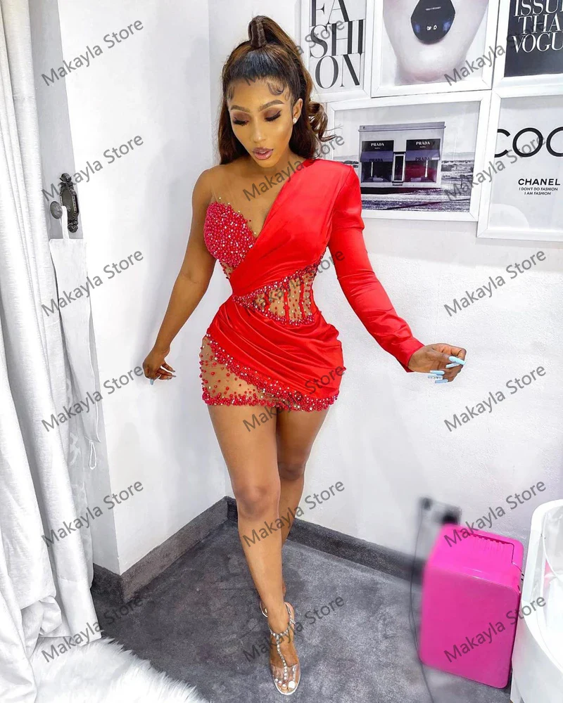 Sexy Short Red Party Dresses Aso Ebi Style Long Sleeves One Shoulder Sheer See Thru Women South Africa Mini Length Prom Gowns - Image 4