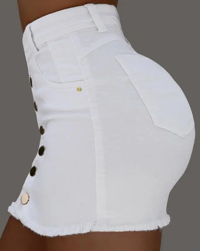 Sexy Skirt for Woman Spring Summer 2023 Plain Button Fly Raw Hem Mini Skinny Female Denim Skirt - Image 3