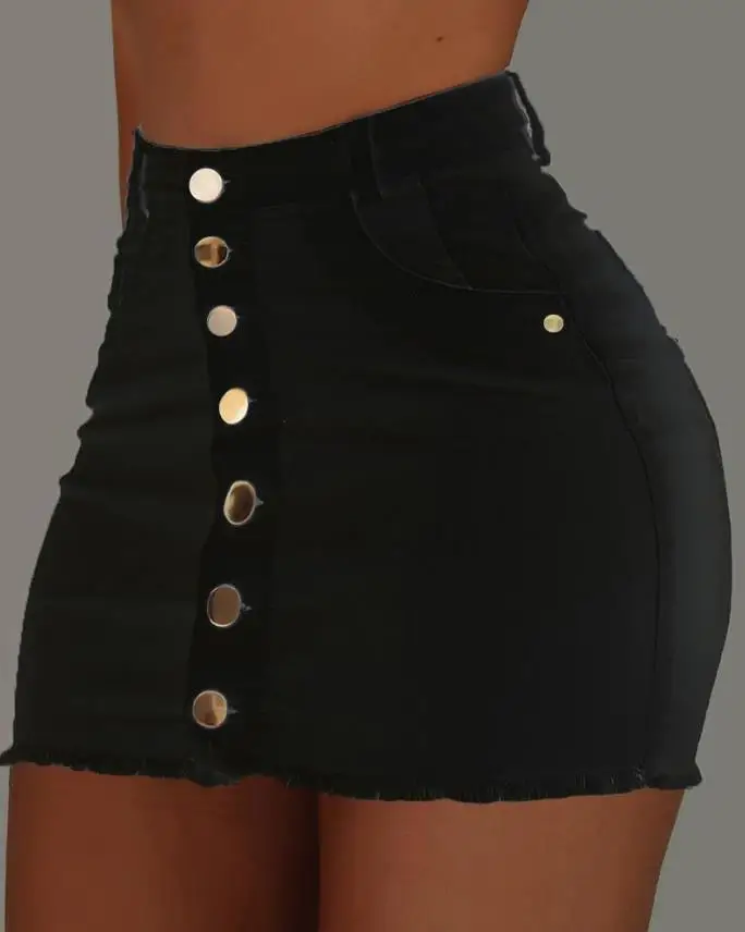 Sexy Skirt for Woman Spring Summer 2023 Plain Button Fly Raw Hem Mini Skinny Female Denim Skirt - Image 4