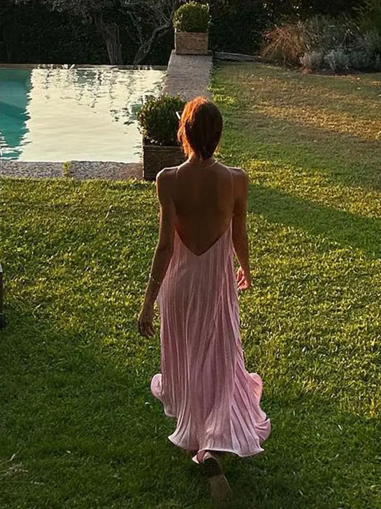 Sexy Solid Backless Sling Long Dress For Women Elegant Casual Sleeveless Dresses 2024 Summer Fashion Beach Evening Robe - Image 3
