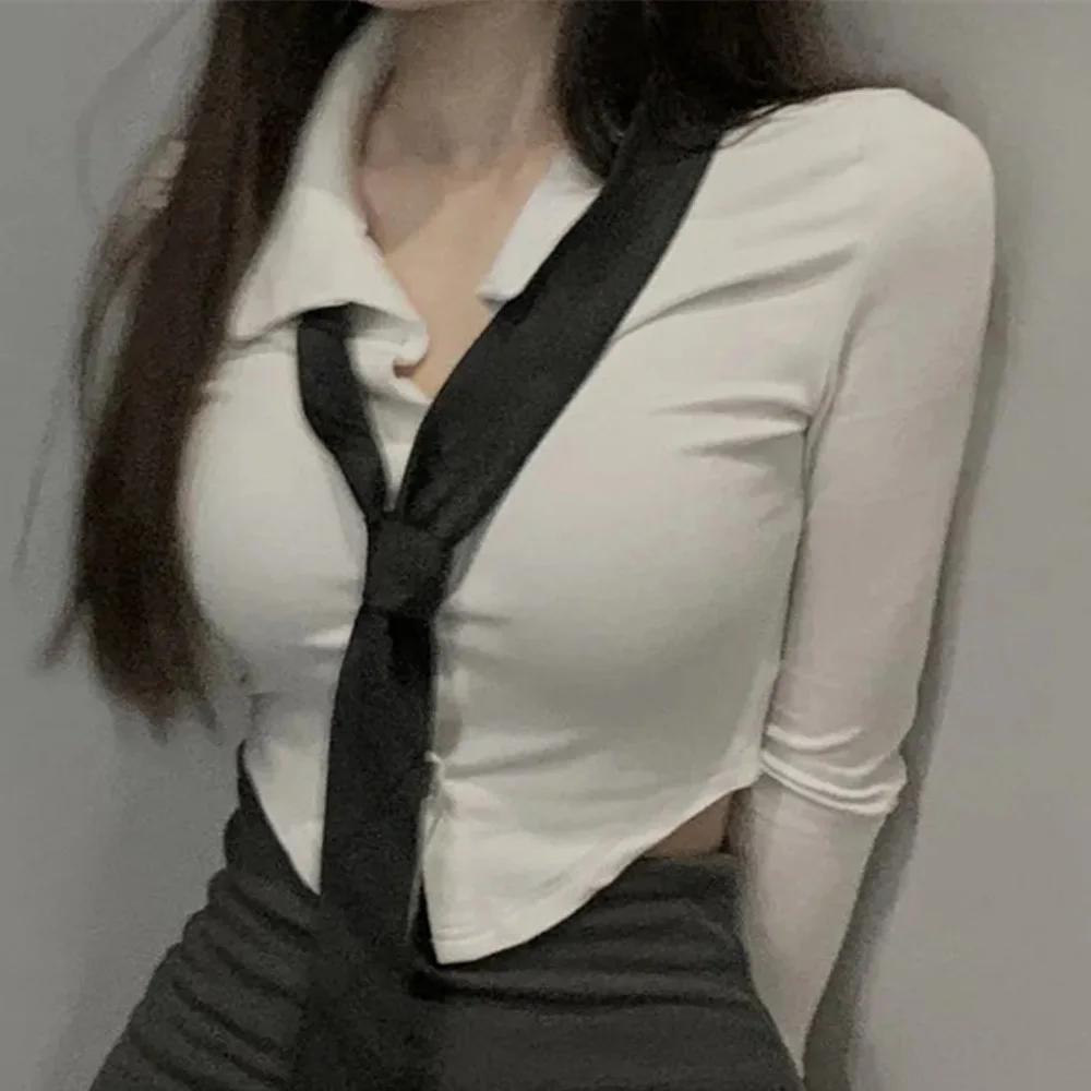 Sexy Solid Polo Neck Irregular Sweet Shirt Women Long Sleeve Summer Autumn Spicy Girl Slim Crop Top Jk Korean Fashion Blouse - Image 11
