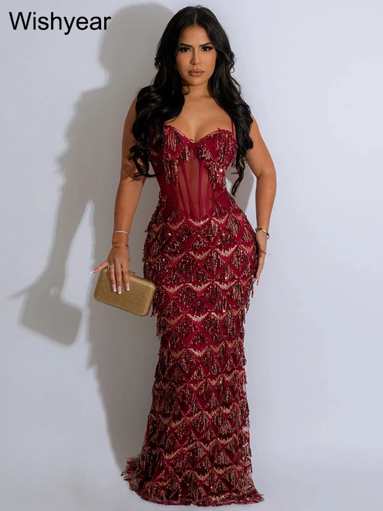 Sexy Spaghetti Strap Backless Bodycon Evening Club Party Dresses for Women Elegant Tassel Sequined Long Dress Birthday Femme - Image 2
