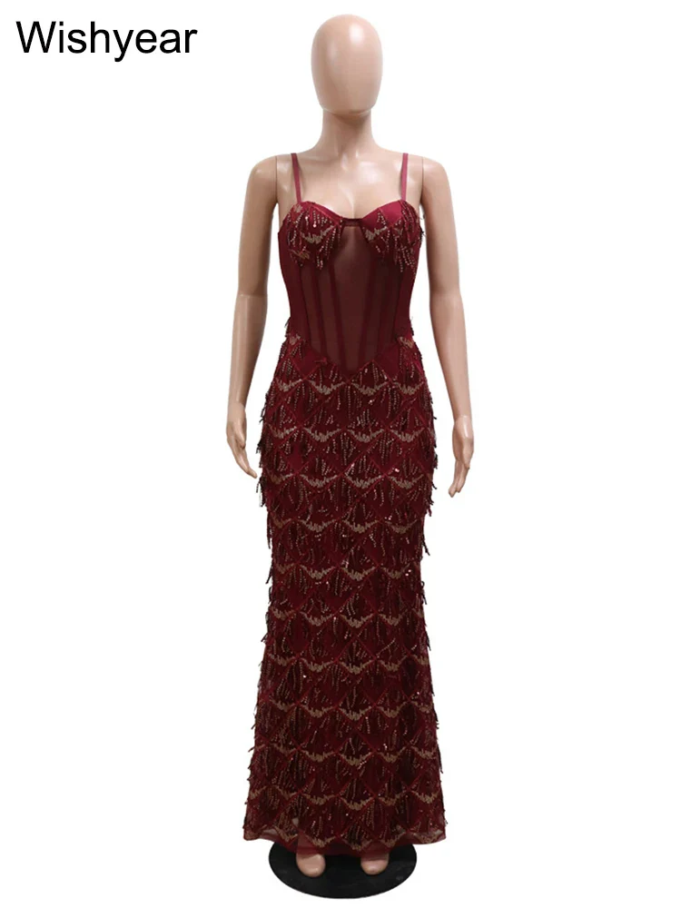 Sexy Spaghetti Strap Backless Bodycon Evening Club Party Dresses for Women Elegant Tassel Sequined Long Dress Birthday Femme - Image 5