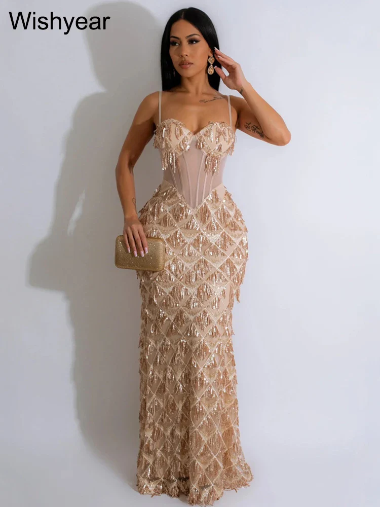 Sexy Spaghetti Strap Backless Bodycon Evening Club Party Dresses for Women Elegant Tassel Sequined Long Dress Birthday Femme - Image 3