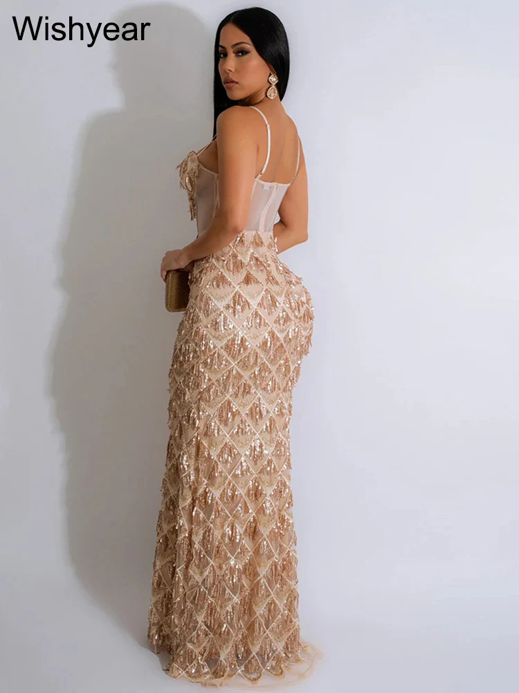 Sexy Spaghetti Strap Backless Bodycon Evening Club Party Dresses for Women Elegant Tassel Sequined Long Dress Birthday Femme - Image 4