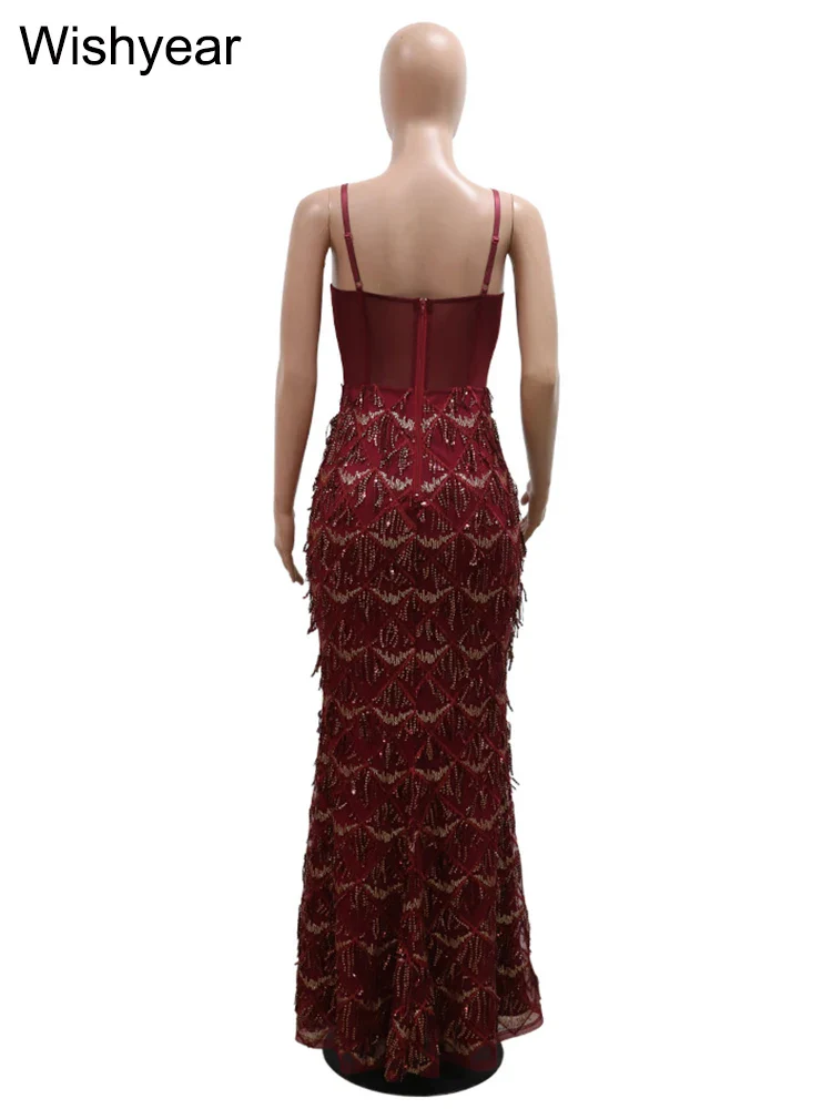 Sexy Spaghetti Strap Backless Bodycon Evening Club Party Dresses for Women Elegant Tassel Sequined Long Dress Birthday Femme - Image 6