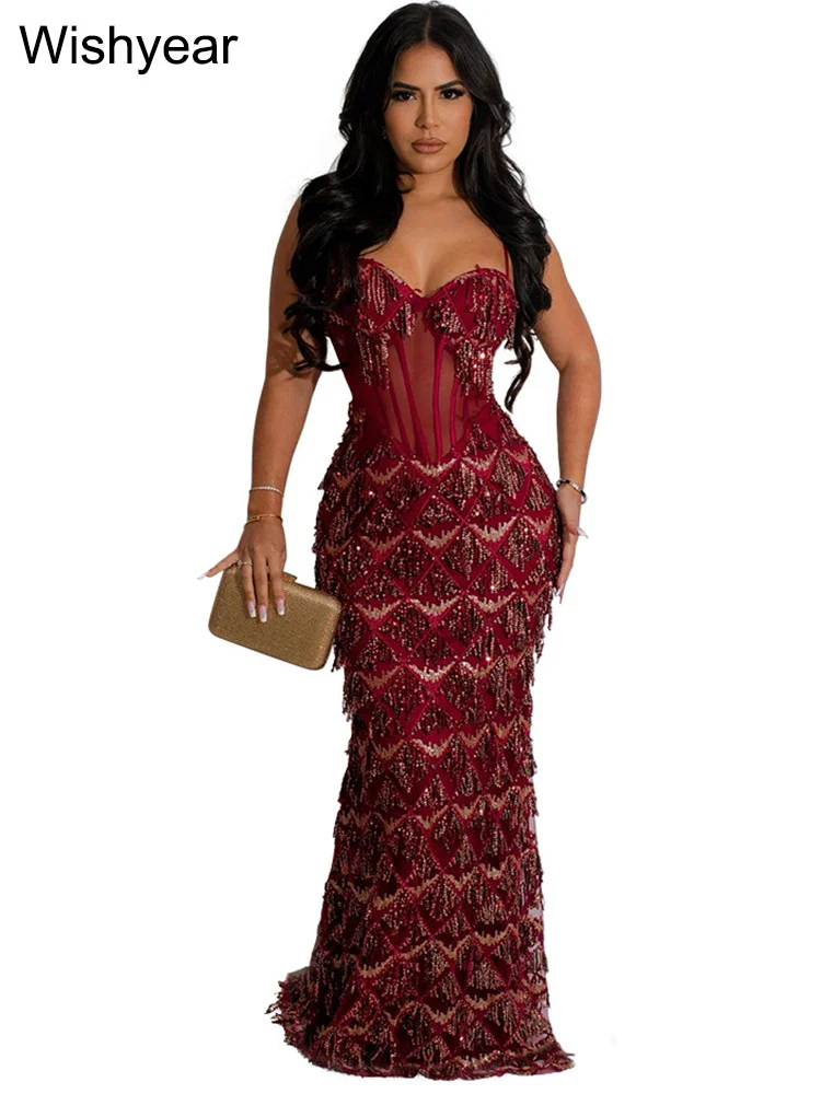Sexy Spaghetti Strap Backless Bodycon Evening Club Party Dresses for Women Elegant Tassel Sequined Long Dress Birthday Femme - Image 7