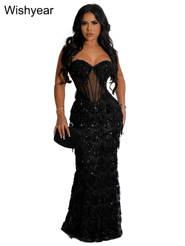 Sexy Spaghetti Strap Backless Bodycon Evening Club Party Dresses for Women Elegant Tassel Sequined Long Dress Birthday Femme - Image 8