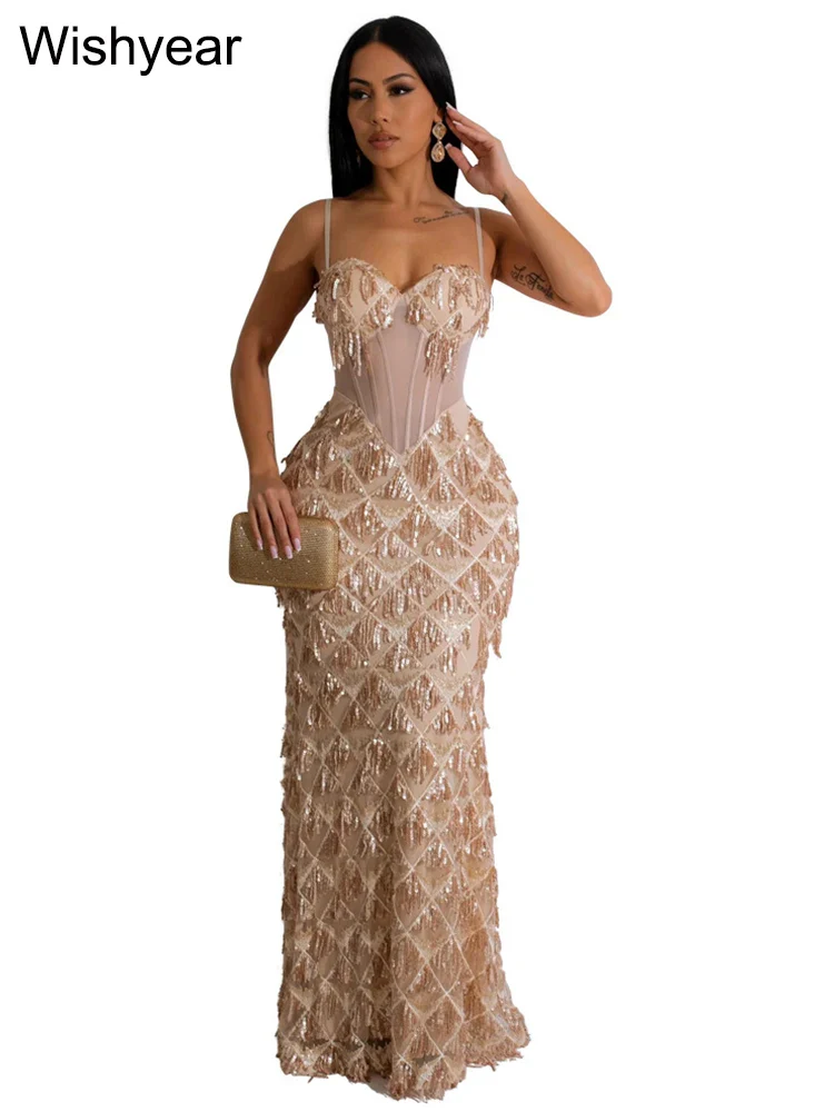 Sexy Spaghetti Strap Backless Bodycon Evening Club Party Dresses for Women Elegant Tassel Sequined Long Dress Birthday Femme - Image 9