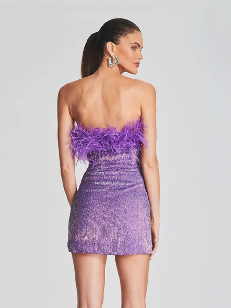 Sexy Strapless Sequins Feather Bodycon Mini Dress Elegant Purple Shiny Sequin Luxury Evening Dress Women Party Cocktail Dresses - Image 5