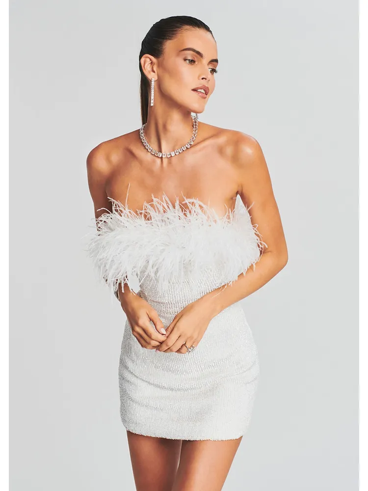 Sexy Strapless Sequins Feather Bodycon Mini Dress Elegant Purple Shiny Sequin Luxury Evening Dress Women Party Cocktail Dresses - Image 6