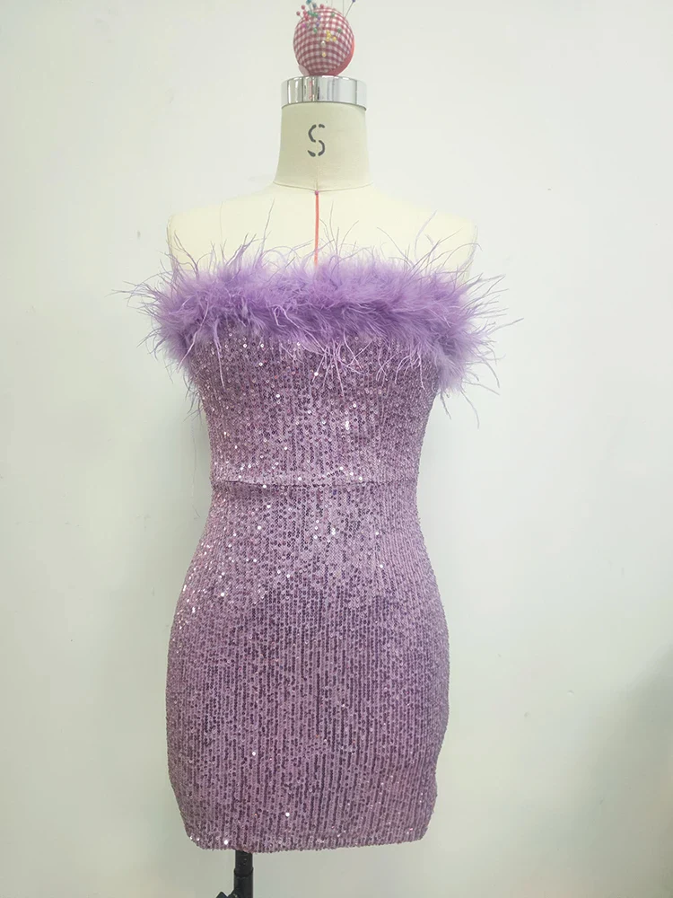 Sexy Strapless Sequins Feather Bodycon Mini Dress Elegant Purple Shiny Sequin Luxury Evening Dress Women Party Cocktail Dresses - Image 7