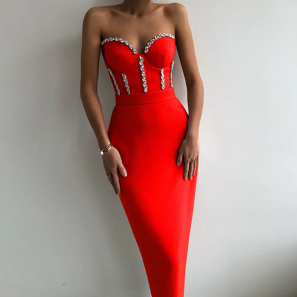 Sexy Strapless Women Dress Bandage Bodycon 2023 New Elegant Beading Party Evening Club Midi Dresses Summer Autumn Clothes - Image 3